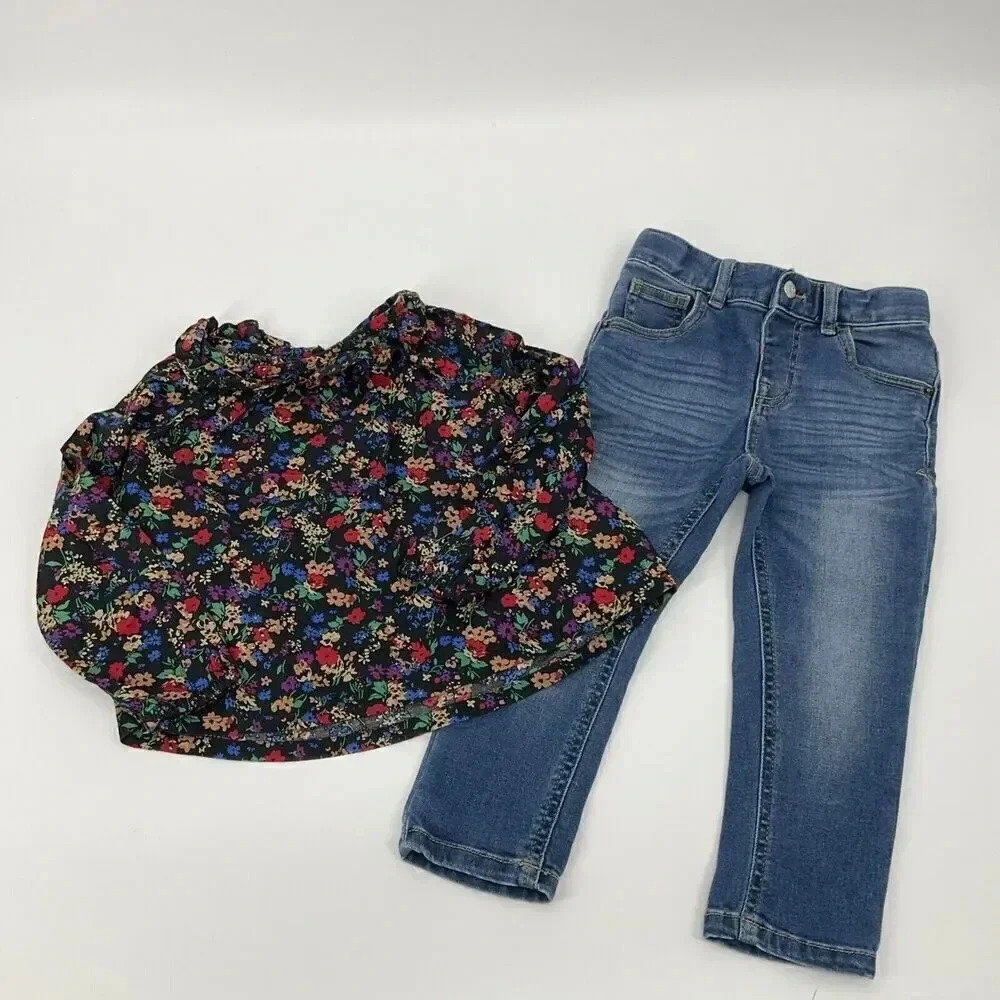 Girls 3T Baby Gap Cat & Jack Floral Peasant Top, Skinny Jean Outfit Long Sleeve